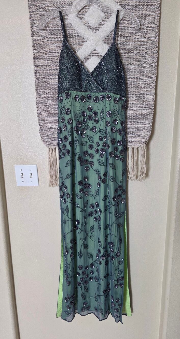 Vintage Y2K Cache 100% Silk Beaded Floral Slip Dress Green Blue Sequin Size M